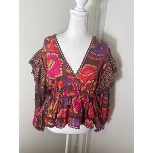 Farm Rio Brown Red Floral Long Puff Sleeve Deep V Neck Cotton Top Sz S
